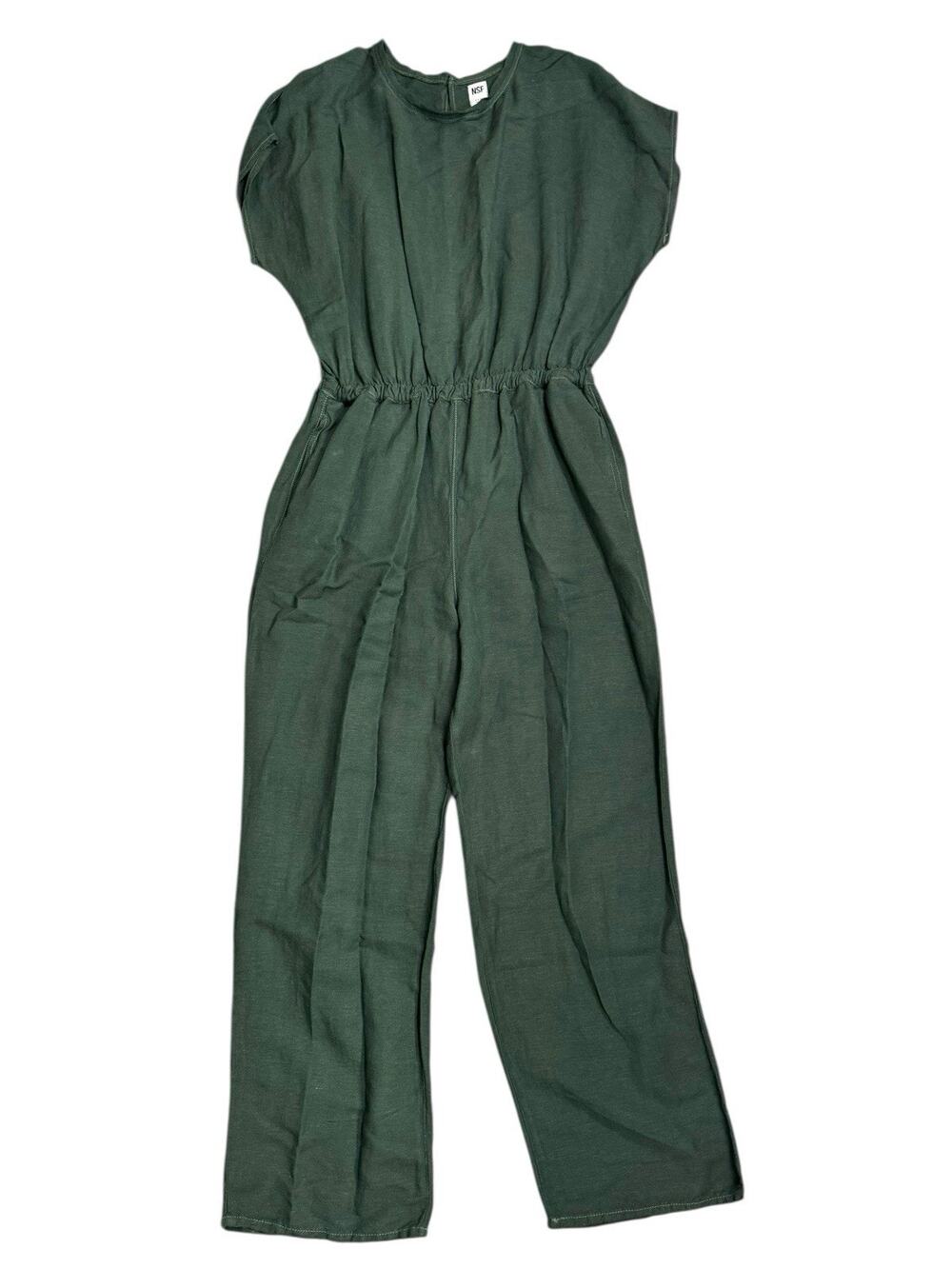 NSF Isadora Linen Blend Jumpsuit Womens L Olive Green Dolman Sleeve Utility